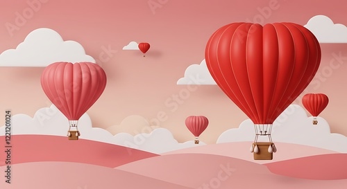 Romantic Hot Air Balloons in Red & Pink Over Dreamy Pastel Landscape photo