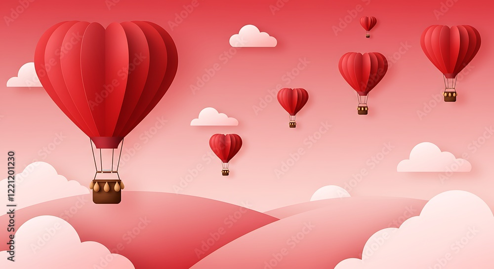 Obraz premium Romantic Hot Air Balloons in Red & Pink Over Dreamy Pastel Landscape