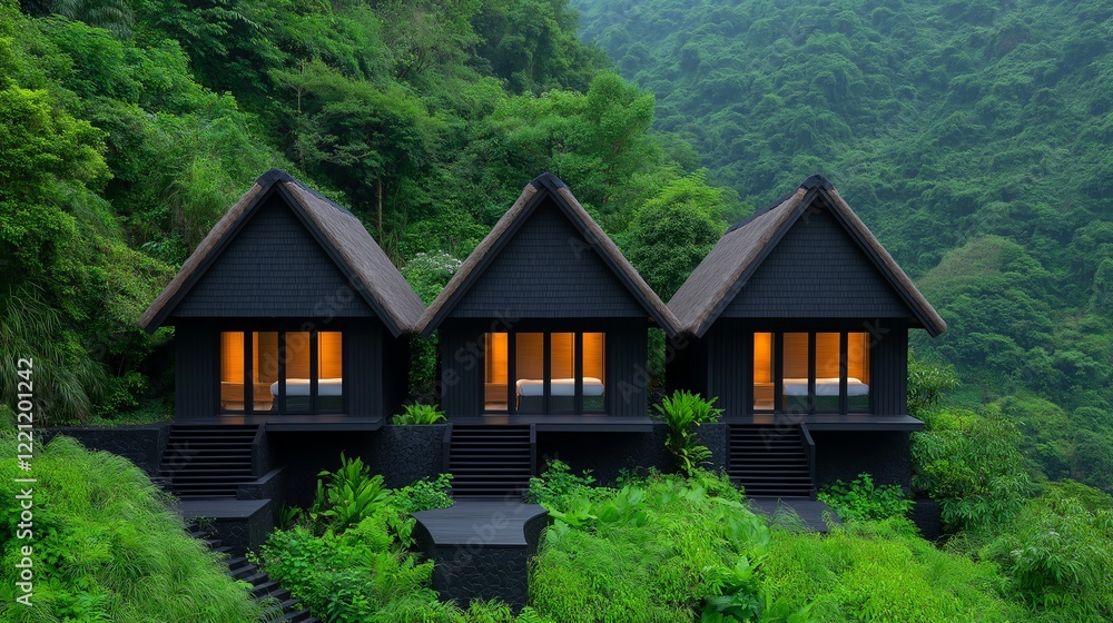 A serene view of three black cabins nestled in lush greenery, illuminated from within, providing a perfect blend of modern design and natural beauty, ideal for relaxation and escap A serene view of three black cabins nestled in lush greenery, illuminated from within, providing a perfect blend of modern design and natural beauty, ideal for relaxation and escap