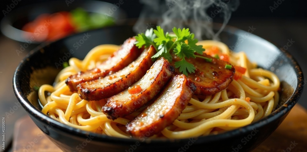Fototapeta premium Sizzling pork slices on a steaming bowl of noodles, savory sauce, shoyu ramen