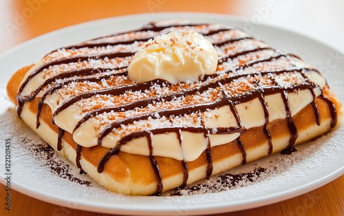 A delicious dessert featuring layers of whipped cream, chocolate drizzle, and coconut flakes, served on a plate. photo