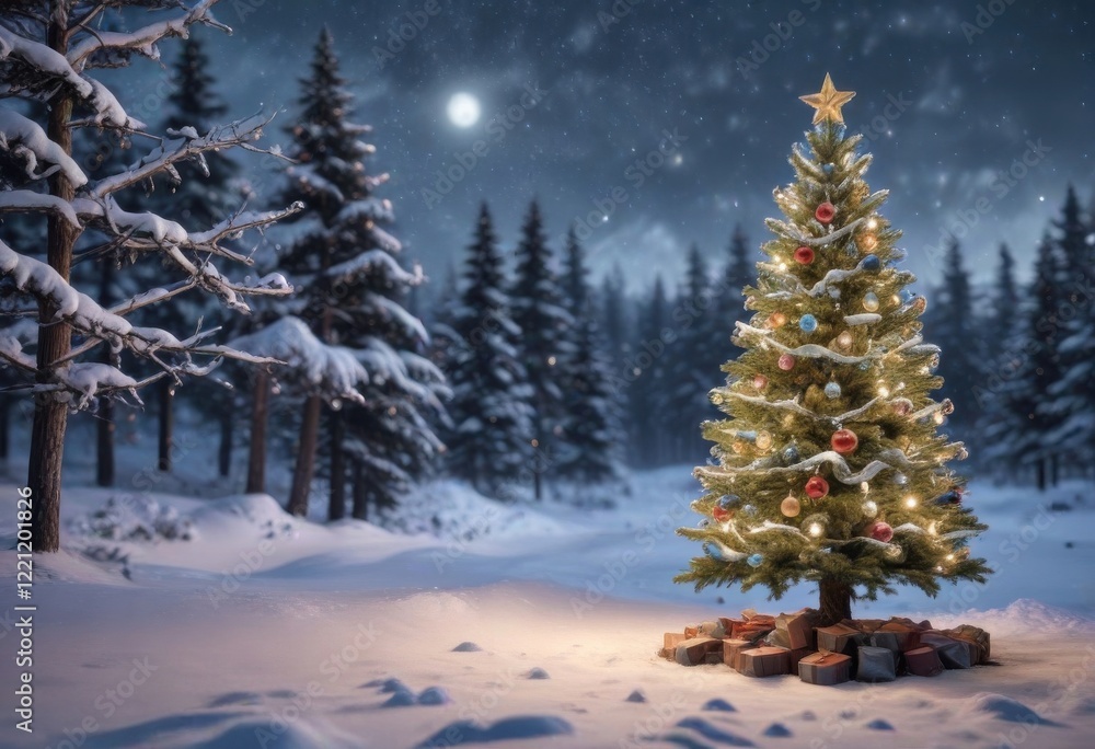 Fototapeta premium Snowy Christmas tree decorated with lights and ornaments against a winter backdrop, ornaments, snow