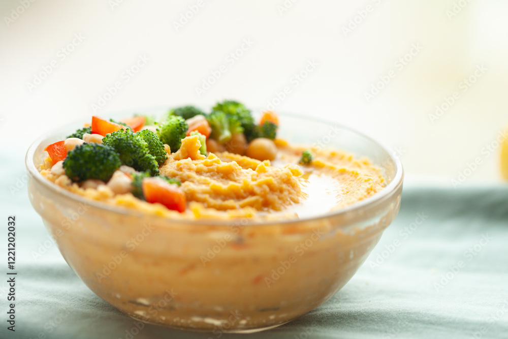 Creamy hummus topped with broccoli, chickpeas, and bell peppers. A delicious and healthy snack or appetizer. Creamy hummus topped with broccoli, chickpeas, and bell peppers. A delicious and healthy snack or appetizer.