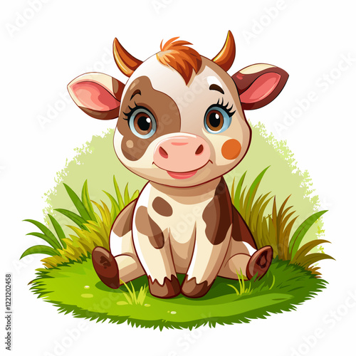 Vector illustration of a baby cow on the grass on white background - Generative AI
