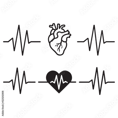 heartbeat line icon collection with a heart symbol, cardiology, medical pulse