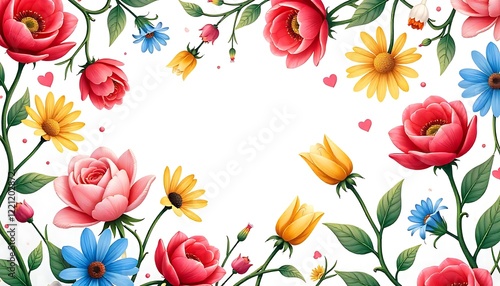 A vibrant border of colorful flowers surrounds a blank white space.
