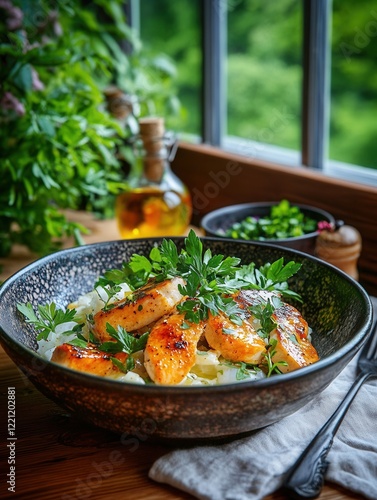 Cozy tahchin morgh with chicken in rustic setting by the window. photo