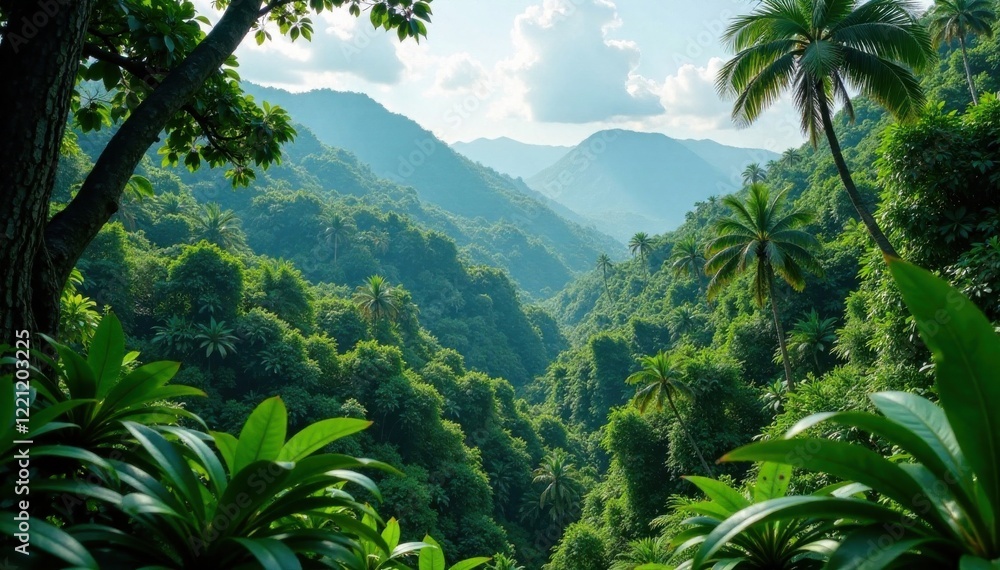 Fototapeta premium sprawling forest with dense tropical vegetation, plants, greenery
