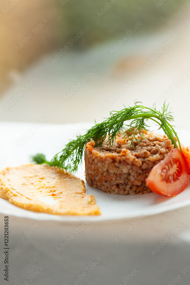Delicious buckwheat groats with a side of hummus and tomato slices, garnished with fresh dill. A healthy and appetizing meal. Delicious buckwheat groats with a side of hummus and tomato slices, garnished with fresh dill. A healthy and appetizing meal.