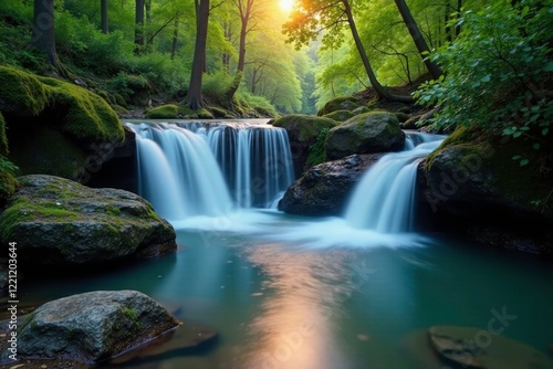 Gentle waterfalls cascade into a serene forest pool at dusk, peaceful, waterfall, serene