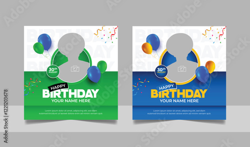 Social media birthday wishes post template, party invitation or greeting card, happy anniversary celebration square flyer web banner story design set