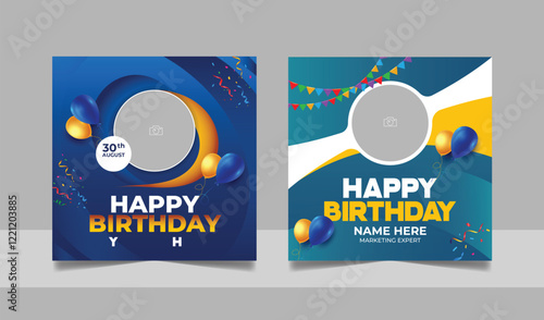 Social media birthday wishes post template, party invitation or greeting card, happy anniversary celebration square flyer web banner story design set