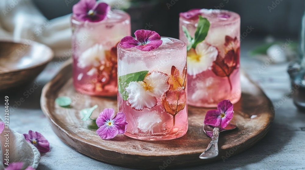Vibrant Thai Pink Coconut Agar Jelly with Artistic Floral Display in Rustic Decor Setting Vibrant Thai Pink Coconut Agar Jelly with Artistic Floral Display in Rustic Decor Setting