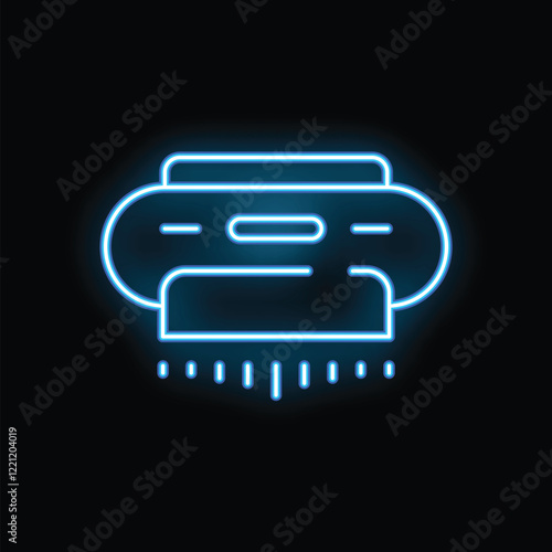 Blue neon sign of an air conditioner blowing cold air on a black background