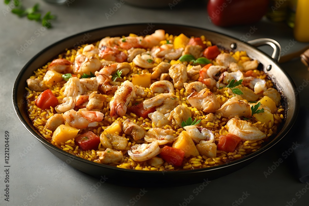A delicious BBQ paella with a mix of seafood, chicken, and saffron rice, served in a large, shallow pan. A delicious BBQ paella with a mix of seafood, chicken, and saffron rice, served in a large, shallow pan.