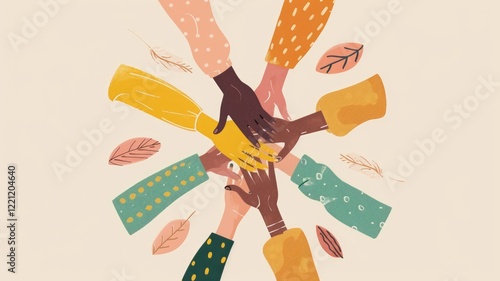 Group of diverse hands joined together in a circle. Multicultural business people putting hands together and making stack of hands. Unity and teamwork concept for design and print. Cooperate. AIG53. photo