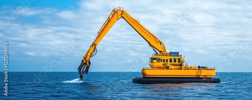A yellow hydraulic excavator operates on the water, showcasing its long arm reaching down towards the surface.