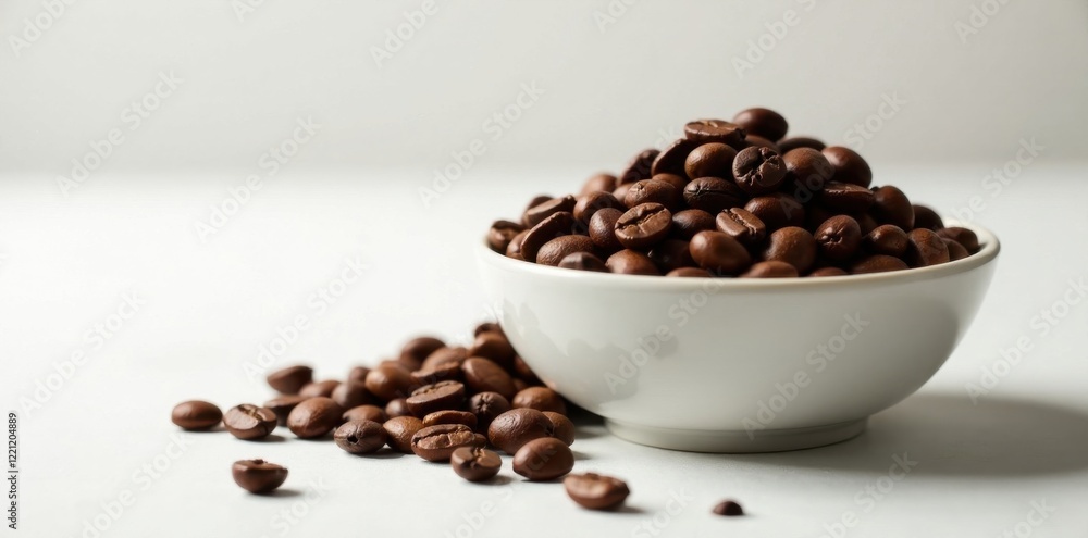 Obraz premium Coffee beans piled high in a shallow bowl on a clean white surface, white surface, coffee beans