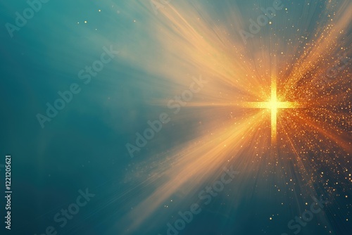 Golden cross glowing with radiant light on a teal background