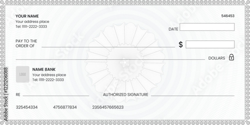 Blank bank check, checkbook cheque template or money payment paper voucher, vector mockup. Business or personal account cash pay cheque certificate or paycheck coupon from checkbook