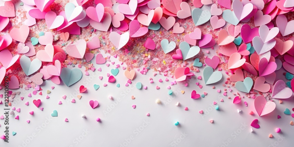 Fototapeta premium Colorful pink paper hearts scattered on a white background, confetti overlay effect , Heart Decor