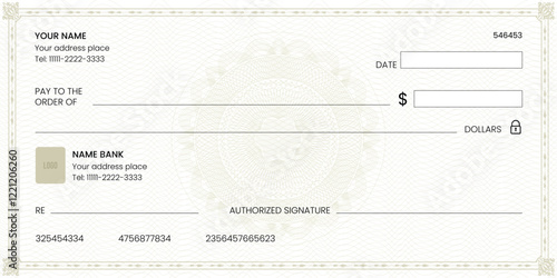 Blank bank check, checkbook cheque template or money payment paper voucher, vector mockup. Business or personal account cash pay cheque certificate or paycheck coupon from checkbook