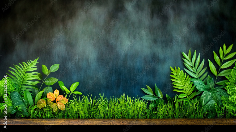 Obraz premium Lush greenery with vibrant leaves and grass against dark background creates serene atmosphere. This scene evokes sense of tranquility and connection to nature