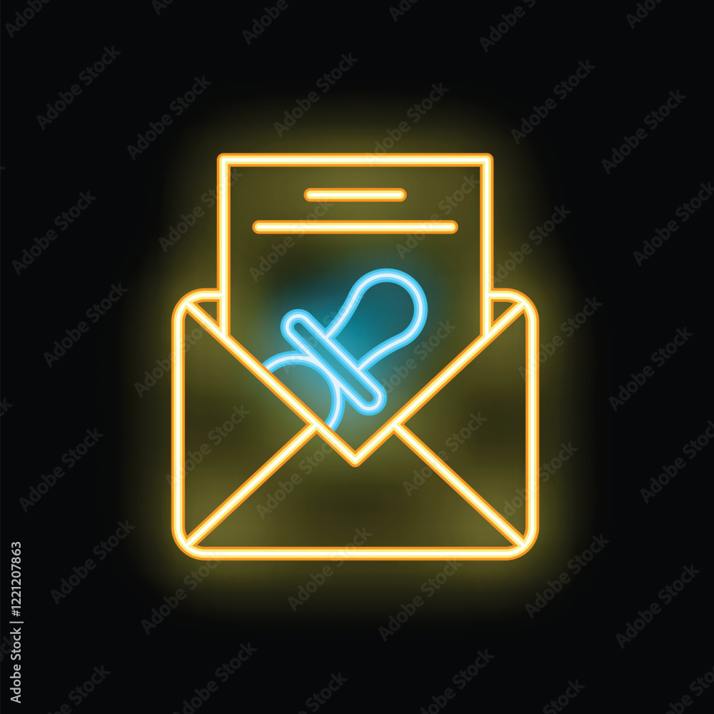 Glowing neon icon of an open mail envelope containing a letter and a pacifier, announcing the arrival of a newborn baby Glowing neon icon of an open mail envelope containing a letter and a pacifier, announcing the arrival of a newborn baby