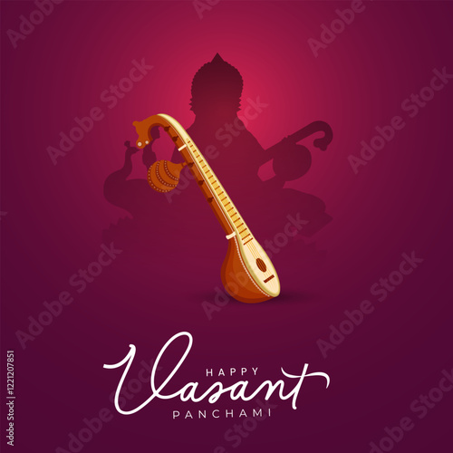 Vector illustration of Goddess Saraswati seated on a lotus with a veena, celebrating Vasant Panchami festival