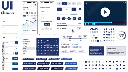 A modern UI kit featuring a collection of buttons, icons, navigation menus, and responsive design elements. Includes login forms, media players, search bars, and calendars, ideal for apps, websites