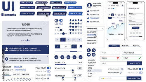 A modern UI kit featuring a collection of buttons, icons, navigation menus, and responsive design elements. Includes login forms, media players, search bars, and calendars, ideal for apps, websites