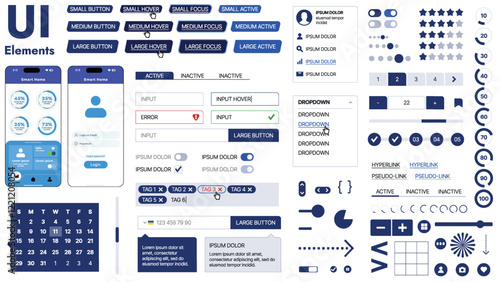 A modern UI kit featuring a collection of buttons, icons, navigation menus, and responsive design elements. Includes login forms, media players, search bars, and calendars, ideal for apps, websites