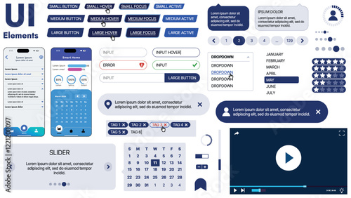 A modern UI kit featuring a collection of buttons, icons, navigation menus, and responsive design elements. Includes login forms, media players, search bars, and calendars, ideal for apps, websites