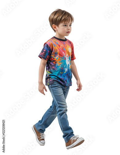 A cute boy walks isolated on a white background. kid walking action. left to right direction, walk.