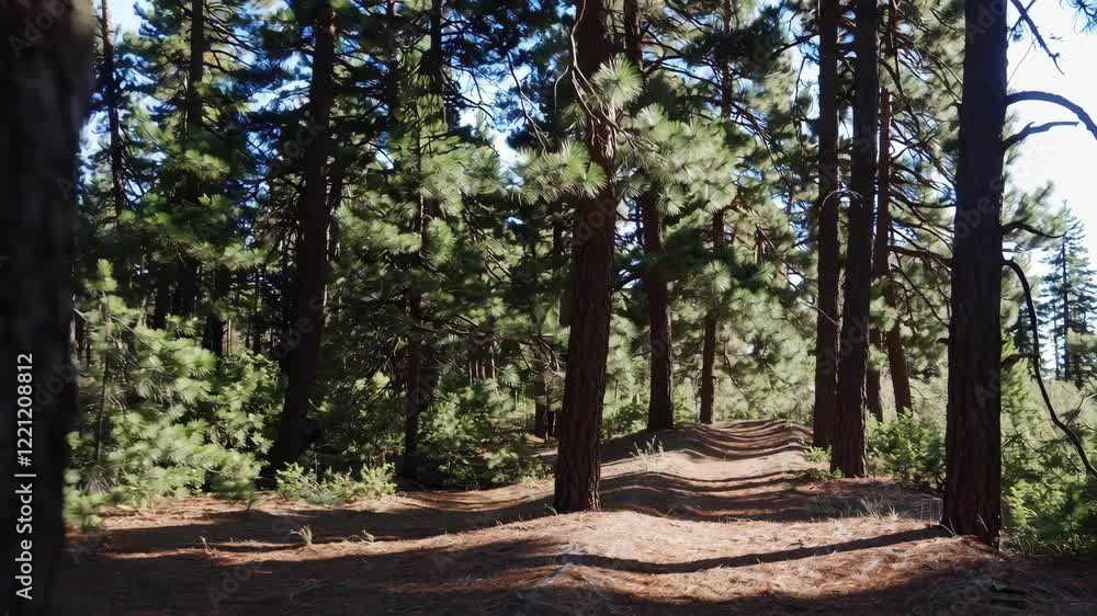 trail winding through a quiet pine forest with dappled sunlight
