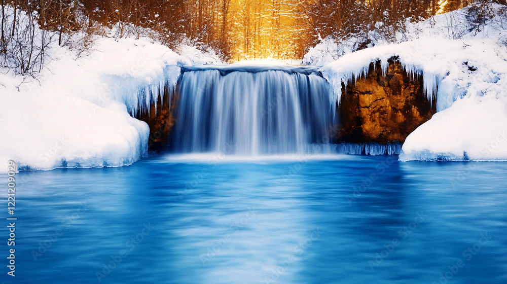 serene winter waterfall surrounded by snow covered trees, with vibrant blue water cascading down. scene evokes tranquility and beauty of nature serene winter waterfall surrounded by snow covered trees, with vibrant blue water cascading down. scene evokes tranquility and beauty of nature