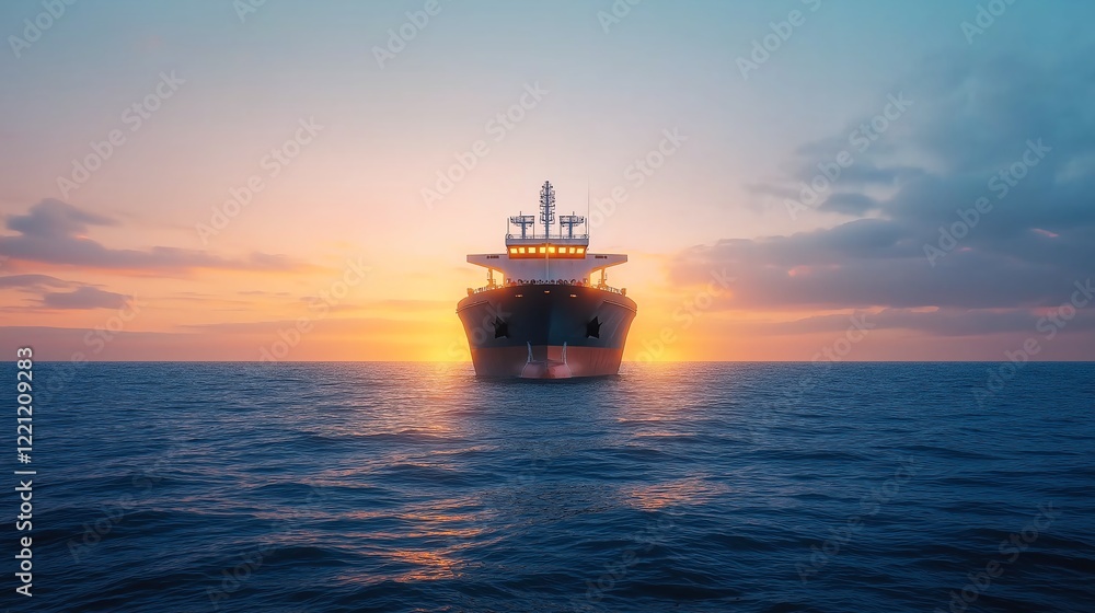 Fototapeta premium A stunning vessel glides across the serene ocean waters at sunset, illuminated by the warm glow of the horizon, creating a perfect harmony between nature and maritime transportatio