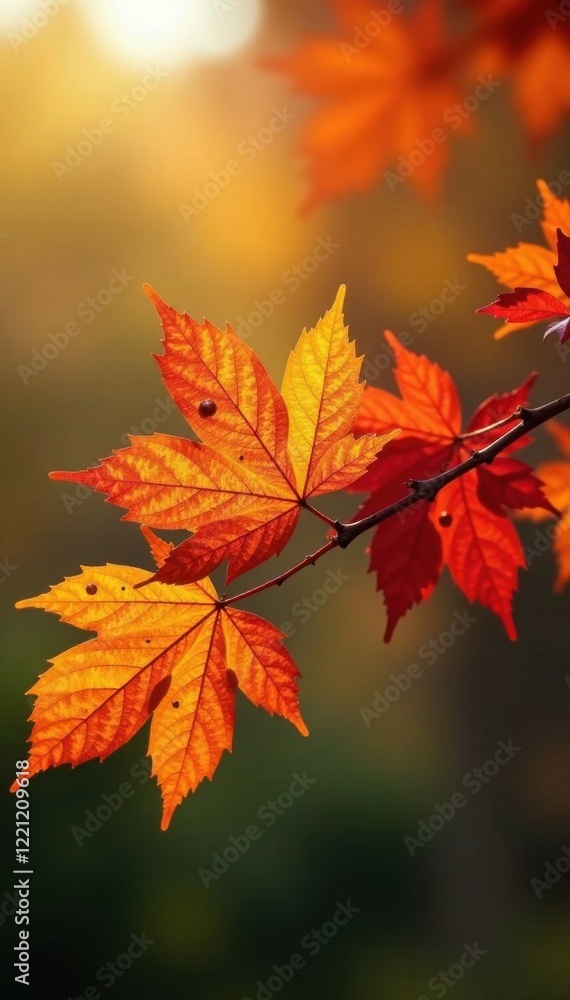 Colorful autumn leaves on a single branch, tree branches, colorful foliage Colorful autumn leaves on a single branch, tree branches, colorful foliage