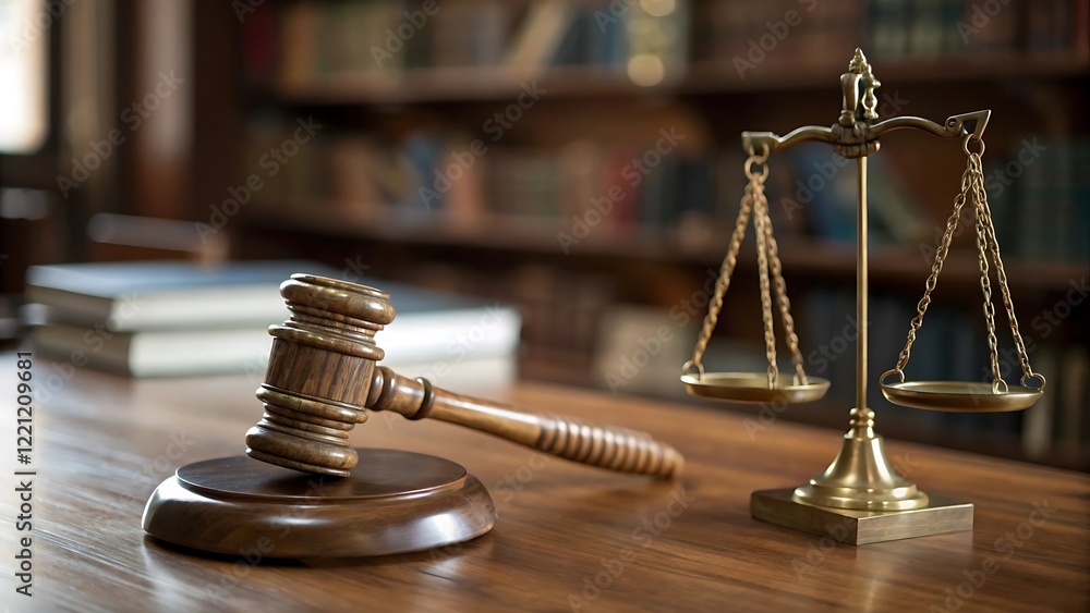 Wooden Gavel and Scales of Justice on Table Representing Legal Authority and Justice System Wooden Gavel and Scales of Justice on Table Representing Legal Authority and Justice System