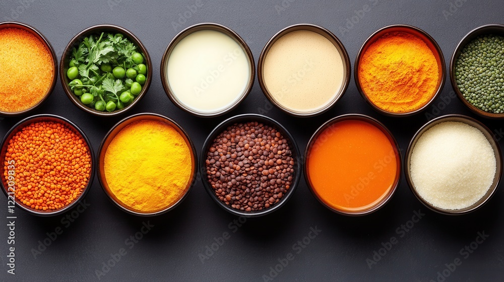 Flat lay of vibrant buddha bowl ingredients featuring lentils and colorful spices for healthy eating inspiration. Flat lay of vibrant buddha bowl ingredients featuring lentils and colorful spices for healthy eating inspiration.