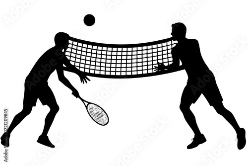 Tennis match silhouette scene with men players playing across net scene