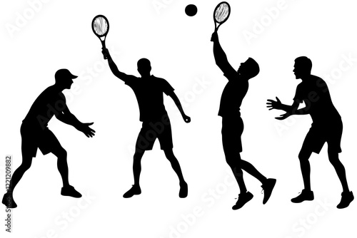 Tennis match silhouette scene with men players playing across net scene