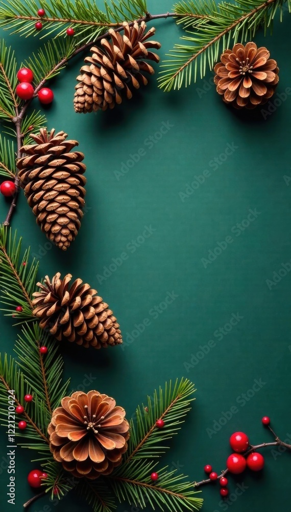 Fototapeta premium Horizontal banner with pinecones and holly, Christmas, natural