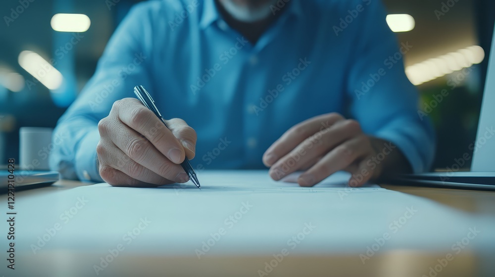 Fototapeta premium Man writing on paper, focused concentration for notetaking, planning, or creative writing