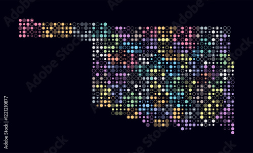 Oklahoma, shape of the state build of colored cells. Digital style map of the Oklahoma on dark background. Small size circle blocks. Vibrant vector illustration. photo