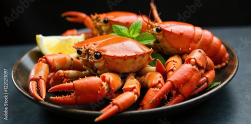 Crabs and lobsters on a seafood platter, crabs, shellfish