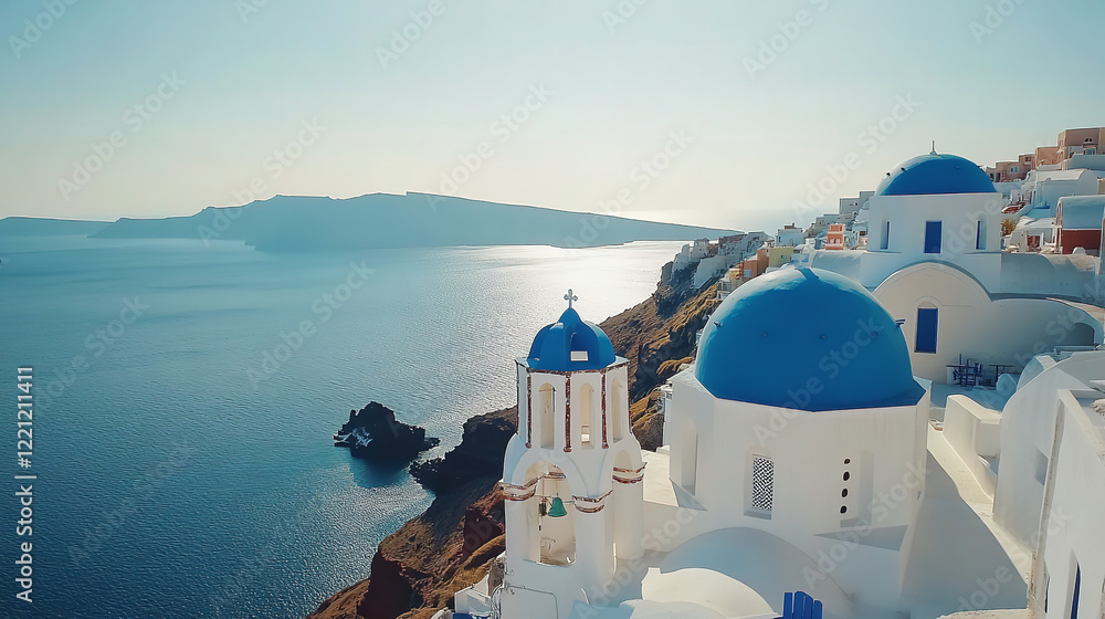 Obraz premium Generative AI, historic medieval stone arch windows with romantic view of sea or ocean, summer landscape background.