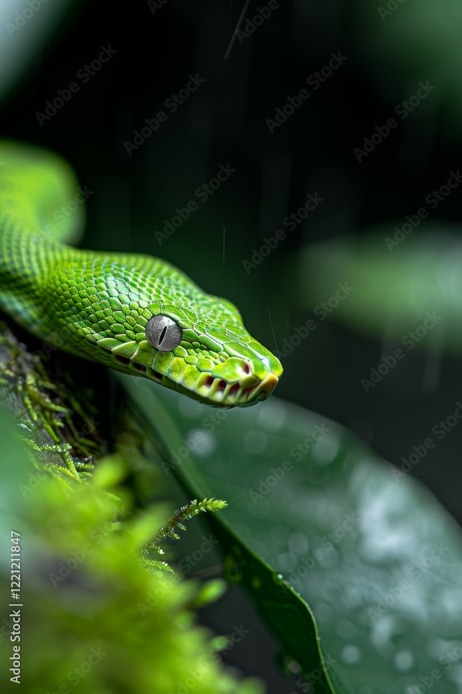 Green Tree Python in Rainforest: A striking green tree python coiled on a mossy branch, blending perfectly into its surroundings. Reptile. Wildlife. Snakes. Green Tree Python in Rainforest: A striking green tree python coiled on a mossy branch, blending perfectly into its surroundings. Reptile. Wildlife. Snakes.