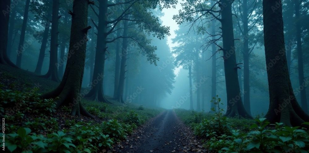 Fototapeta premium Dark forest with misty smoke, forest, woods, mystery