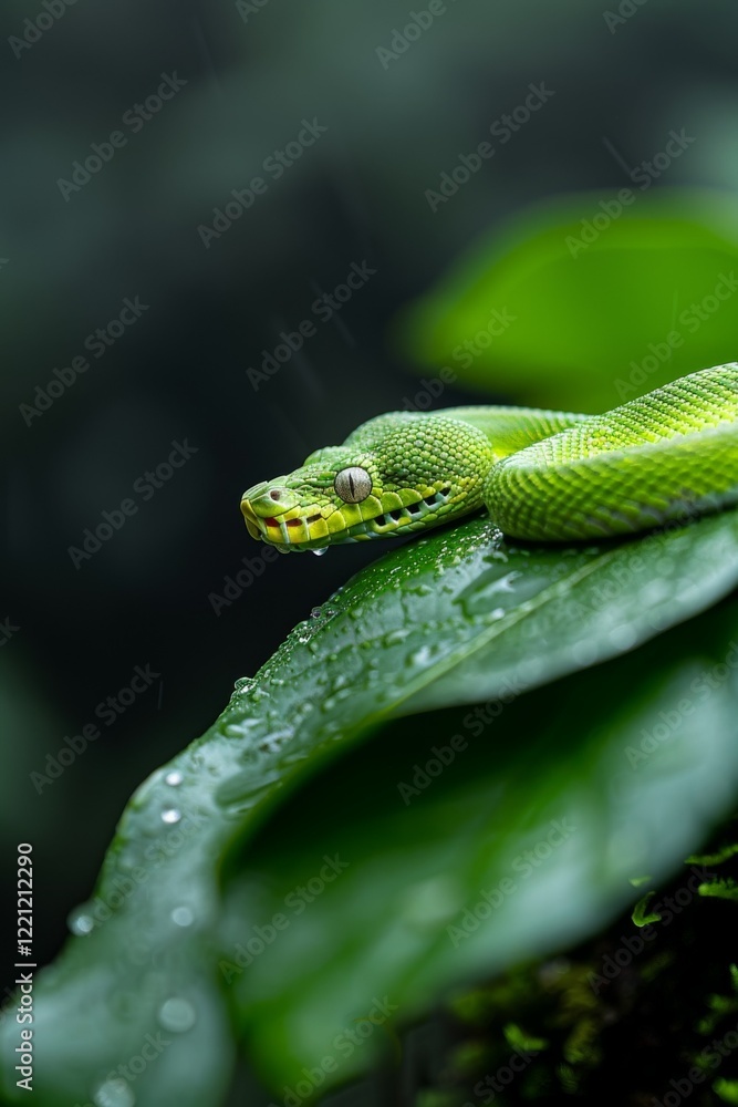 Obraz premium Green Tree Python in Rainforest: A striking green tree python coiled on a mossy branch, blending perfectly into its surroundings. Reptile. Wildlife. Snakes.